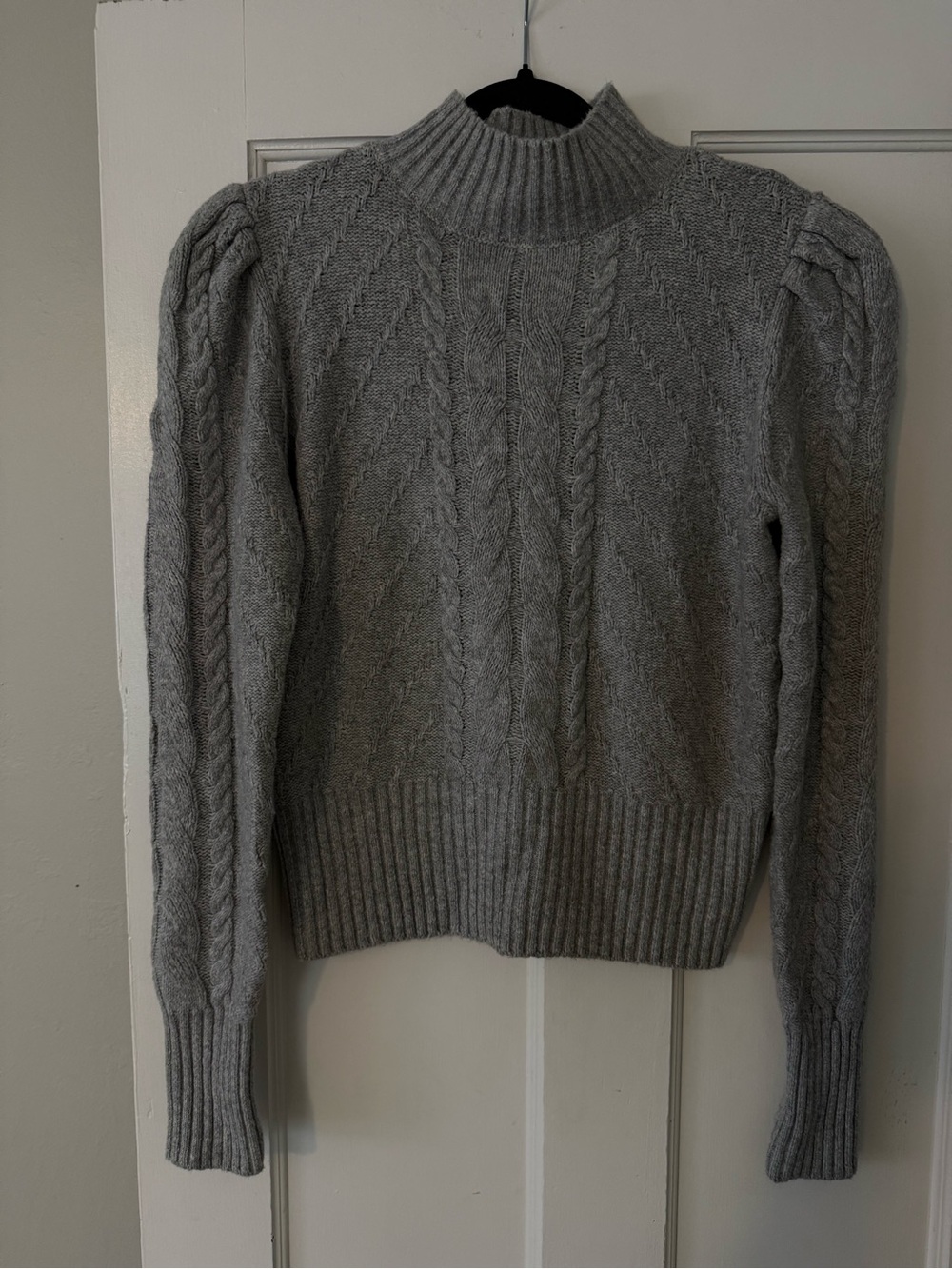 LOFT Gray Cable Turtleneck Sweater with Puff Shoulders